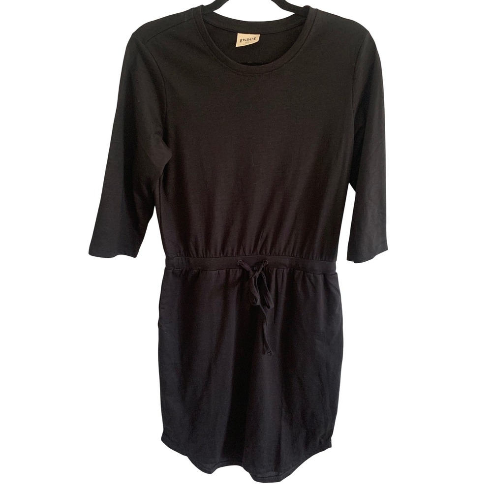 Pact Womens Black 100% Organic Cotton 3/4 Sleeve Drawstring Waist Dress XS